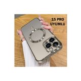 Dexmon iPhone 15 Pro İle Uyumlu Kılıf Kamera Lens ve Hoparlör Toz Korumalı Magsafe İle Uyumlu Silikon Kapak, Naturel Titanyum