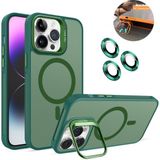 Dexmon iPhone 15 Pro Kılıf + Lens Koruyucu Magsafe ve Stant Özellikli Arkası Mat Sert Pc Leke Yapmaz - Koyu Yeşil