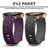 Dexmon Samsung Galaxy Watch 4/5/6/7/fe 40/44MM Classic 42/43/46/47MM Uyumlu 20MM Leopar Desenli 2li Silikon Kordon Seti - Mor - Siyah - Samsung 20mm