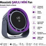 Dexmon Şarjlı Masaüstü Mini Fan 3600 Mah Ayarlanabilir Taşınabilir Güçlü Serinletici Dijital Ekranlı 3 Kademeli Sessiz USB Fan - Mor - Gri