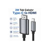 Dexmon Type-C to HDMI Kablo 2 Metre 4K UHD Görüntü Aktarım Kablosu Tak Çalıştır TV Monitör Telefon MacBook Laptop Tablet Uyumlu