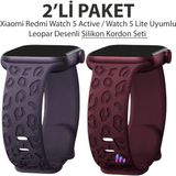 Dexmon Xiaomi Redmi Watch 5 Active / Watch 5 Lite Uyumlu Leopard Desenli 2'li Paket Silikon Kordon Seti - Mor - Şarap Kırmızısı