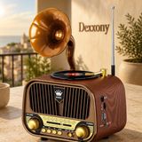 Dexxony Retro Nostaljik Radyo - Gramofon Tasarımlı Bluetooth 5 W Hoparlör, Hediyelik Dekor FM/AM/SW, USB, AUX ve TF Kart - Ahşap - Ceviz