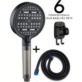 Deyhome 3’lü Set 6 Fonksiyonlu Filtreli Duş Başlığı + 150 cm Örgülü Hortum + Yapışkanlı Mafsal - Parlak Siyah