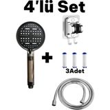 Deyhome 4'lü Set 6 Fonksiyonlu (Gri-Siyah) Filtreli Duş Başlığı +3 Adet Yedek Filtre+ 150 cm Duş Hortumu + Gri Yapışkanlı Askı Aparatı - Gri - Siyah