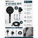 Deyhome 4'lü Set 6 Fonksiyonlu (Siyah) Filtreli Masajlı Duş Başlığı +3 Adet Yedek Filtre+ 150 cm Duş Hortumu + Siyah Yapışkanlı Askı Aparatı - Siyah - Gri