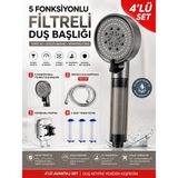 Deyhome 5 Fonksiyonlu Filtreli Duş Başlığı 4’lü Set – 150 cm Örgülü Duş Hortumu, Yapışkanlı Mafsal ve 3 Adet Yedek Filtre - 4'lü Gümüş Set