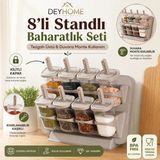 Deyhome Stantlı Tezgah Üstü Kapaklı Kaşıklı 8’li Baharat Takımı – Yapışkanlı Duvara Monte Edilebilir Tasarım - Cappuccino