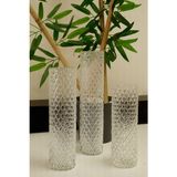 Dezi 3'lü Elmas Silindir Cam Vazo, Mumluk Dekoratif Set, Ev Nişan Dekorasyonu (20-25-30 cm ) Çap 7 cm