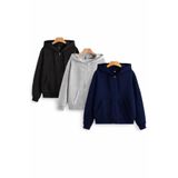 DEZZİİ 3’Lü Fermuarlı Kapşonlu Sweatshirt Hırka Siyah Laci Gri