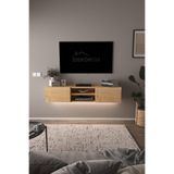 DF17102 LED Işıklı Duvara Monte TV Ünitesi, 2 Kapaklı Dolaplı, Raflı 150 cm TV Alt Ünitesi Safir Meşe