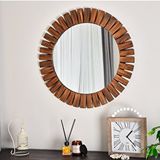 DFN Wood Dfn Wood Flower 80x80 Cm Ahşap Ceviz Rengi Yuvarlak Dekoratif Duvar Salon Konsol Banyo Aynası