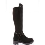 DGN 607 Kadın Bilek Tokalı Zincir Detaylı Arkası Stretch Knee High Flats Çizme - Siyah Süet