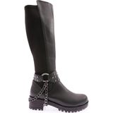 DGN 607 Kadın Bilek Tokalı Zincir Detaylı Arkası Stretch Knee High Flats Çizme - Siyah