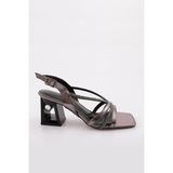 DGN 618 Platin Kadın Silver Taşlı Bantlı Topuklu Sandalet