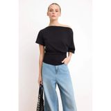 dgs look Siyah Fitted/Vücuda Oturan Asimetrik Yaka Büzgülü Crop/Kısa Pamuklu Esnek Örme Bluz