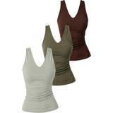 Dı Loria Kadın Önü Çift Katlı Likralı Atlet Üçlü Set (%95 Pamuk) (Kahverengi, Yeşil, Taş Rengi) - XL - Kahverengi - Yeşil - Taş