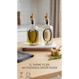 Dia 2'li Lüks Etiketli Cam Yağdanlık Sirkelik Seti - Mermer Standlı Gold Detaylı Damlatmaz Yağ Şişesi