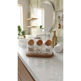Dia 3’lü Cam Ahşap Top Kapaklı Standlı Banyo Düzenleyici Set | Banyo Orginazatör