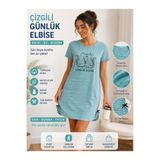DİAMOND OUTLET Kadın Mint Çizgili Günlük Elbise Yumuşak Dokulu Rahat Kalıp Yazlık Elbise