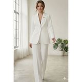 Diaves Beyaz Kadın Aksesuarlı Astarlı Tek Düğme Blazer Ceket & Kumaş Pantolon Takım Elbise - 36 - 0002- Beyaz