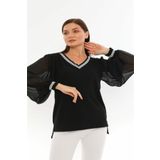 diaves Kadın Kolları Tüllü V Yaka Yakası Sim Şerit Triko Bluz