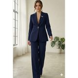 diaves Lacivert Kadın Aksesuarlı Astarlı Tek Düğme Blazer Ceket & Kumaş Pantolon Takım Elbise