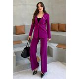 diaves Mürdüm Kadın Aksesuarlı Astarlı Tek Düğme Blazer Ceket & Kumaş Pantolon Takım Elbise