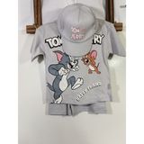 Diba Bebek Tom ve Jerry Baskılı Şapka Hediyeli Erkek Çocuk Şortlu Alt Üst Takım - 3 Yaş - Gri
