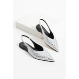 diclepolat Kadın Gümüş Taşlı Sivri Burun Slingback Babet Şık Arkası Açık Ayakkabı Meniva