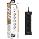 Die Grup Akım Korumalı Priz, 5'li Priz Soketi, 5x Fiş Soketi, 2x USB Girişi, 2x Type-C Girişi, Işıklı Gövde, Isıya Dayanıklı Yapı, 2 Metre Kablo Uzunluğu, Aşırı Gerilim Koruyucu Çoğaltıcı (16A/3680W) - Ahşap - Bej - Siyah