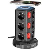 Die Grup Akım Korumalı Priz, Kule Tipi Priz, 12'li Priz Soketi, 12X Fiş Soketi, 1x USB Girişi, 2x Type-C Girişi, Isıya Dayanıklı Yapı, 1.8 Metre Kablo Uzunluğu, Aşırı Gerilim Koruyucu Çoğaltıcı (16A/3680W) - Ahşap - Bej - Siyah