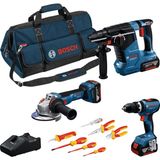 Die Grup Bosch Professional Gsb 18V-65 Akülü Darbeli Vidalama & Gws 18V-11 Akülü Taşlama & 187-LI Akülü Kırıcı Delici & Vde Tornavida Pense Seti & 3x 5.0 Ah Akü & Gal 18V-40 Şarj Cihazı & L-Bag, Karton Kutuda