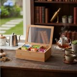 Die Grup Deconox Bambu 6 Bölmeli Çay Kutusu -%100 Orjinal Bambu Mıknatıslı Kapak 21X16,5 X7CM