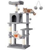 Die Grup Feandrea PCT161W01 Tırmalama Ağacı, 143 cm Yüksekliğinde, Kedi Ağacı, Çok Katlı Kedi Evi, 4 Tırmalama Sütunu, 2 Platform, Hamak, Mağara, Açık Gri