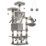 Die Grup Feandrea Tırmalama Ağacı, Büyük, 168 cm Yüksekliğinde, L Kedi Ağacı, 13 Tırmalama Sütunu, 2 Platform, 2 Mağara, Sepet, Hamak, Peluş Toplar, Çok Katlı Kedi Tırmalama Ağacı, Açık Gri PCT165W01