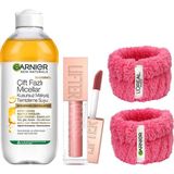 Die Grup Garnier Skin Naturals Çift Fazlı Micellar Kusursuz Makyaj Temizleme Suyu (400 Ml) & Maybelline New York Lifter Gloss Nemlendirici Dudak Parlatıcısı - 003 Moon + Hediye Havlu Bileklik 2'li Set