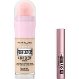 Die Grup Maybelline New York Instant Perfector Glow 4 Etki 1 Arada Fondöten- 00 Fair Light & Mini Lash Sensational Sky High Maskara Makyaj Seti - 001 Brown