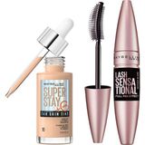 Die Grup Maybelline New York Lash Sensational Yelpaze Etkili Intense Black Maskara - Ekstra Siyah & Super Stay Skin Tint Fondöten - 10 Makyaj Seti - 001 Brown