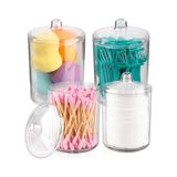 Die Grup Qtip Tutucu, Makyaj Makyaj Düzenleyici Depolama, Kapaklı Şeffaf Plastik Eczacı Kavanozları, Banyo Pamuklu Çubuk Dispenseri, 2X10OZ ve 2X7OZ, 4'lü Paket, Kahverengi Ahşap Kapaklar,