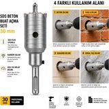 Die Grup Sds Plus Beton Buat Açma Seti 30 mm – Karbür Uçlu Delme Pançı, Beton, Tuğla, Gaz Beton ve Duvar Için - 000-Siyah