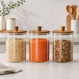 Die Grup Tr 3'lü 2260 ml Borosilikat Cam Kavanoz Seti, Ahşap Kapaklı Büyük Boy Mutfak Saklama Kabı, Kahve, Bakliyat, Makarna, Kuruyemiş ve Tahıl Için Şık Cam Erzak Kavanozu - 0,35 L