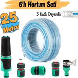 Die Grup Üç Katlı Şeffaf Sağlam Bahçe Hortumu (25 Metre) Çeşme Su Sulama Hortum 6'lı Bağlantı Adaptör Seti