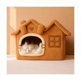 Die Grup Villa Kedi Evi Peluş Kapalı Kedi Yatağı Minderli Katlanır (Camel)