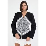 Diemmood Kadın Dantel Işlemeli Vatkalı Bel Oturtmalı Siyah Blazer Ceket