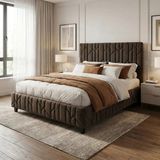 Dienni Hestia Çift Kişilik Baza Başlık Değiştirilebilir Yıkanabilir Kumaşlı Çelik Sandıklı Kahverengi - 140 x 200 cm