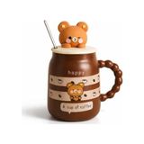 Diğer 57858324451961599283959 Sevimli Ayıcık Figürlü Kapaklı Seramik Mug 300Ml Kahve Kupası Kaşıklı Tasarım Kupa Ofis Masaüstü Kahve Bardağı Kapaklı Kupa Çay Dekoratif Kahve Kupası Sevimli Kupa Koyu Kahverengi Açık Altın