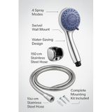 Diğer 57858324453703399283959 Spiralli Duş Başlığı Seti, 4 Fonksiyonlu Krom Duş Başlığı, 150 Cm Duş Hortumu, Mafsallı Başlık, Vida Ve Dübel Dahil, Su Tasarruflu, Duvara Monte Banyo Takımı Açık Mavi