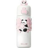 DİĞER1111 Diller 480ml Sevimli Panda Tasarımlı Paslanmaz Çelik Termos, Pipetli, El Askılı, Pembe