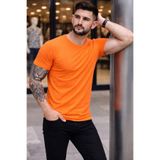 DİĞER1111 Erkek Body Tişört Bisiklet Yaka Slim Fit Likralı T-Shirt - Turuncu